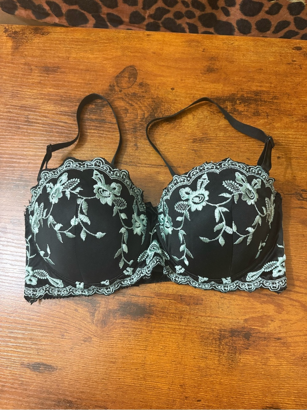 Source Unknown Black Bra with Mint Green Floral Embroidery